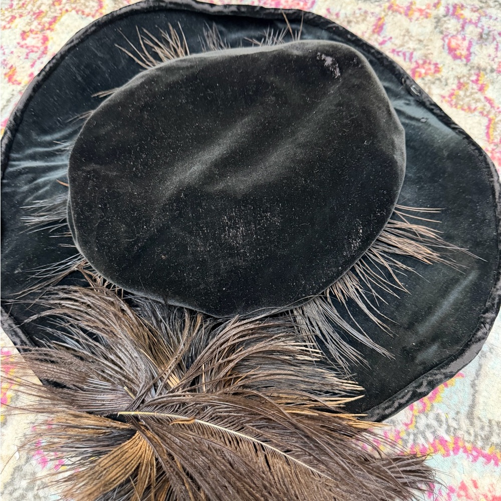 Antique Edwardian Elegant Black Velvet Hat with Feather Detail